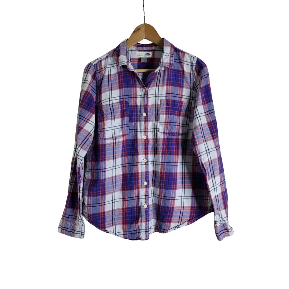 Old Navy Classic Plaid Button Down Shirt Purple Orange White M Rugged Casual